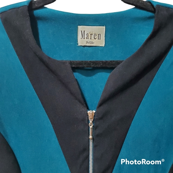 VTG Maren Petite Color block Teal & Black Suede Blazer Jacket Size 14P Retro - Picture 4 of 8